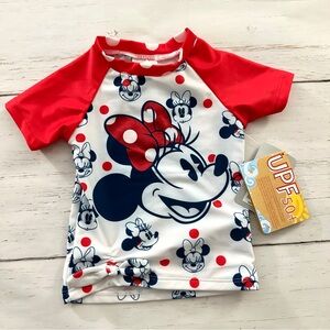Disney Minnie Mouse Swim Top Rash Guard 2 2T Sun Protection Red White Bows New